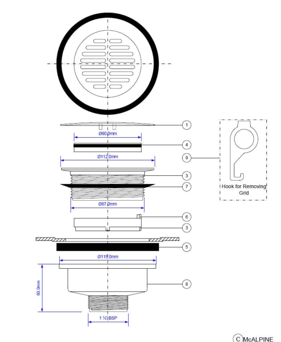 Technische Zeichnung eines Duschwannenablaufs ohne Siphon Radialdesign. Die Abbildung zeigt alle Montagedetails und Einzelteile des Ablaufsystems mit genauen Maßangaben. Der Ablauf ist passend für Duschwannen mit 90 mm Ablaufloch und einem Anschlussmaß vo